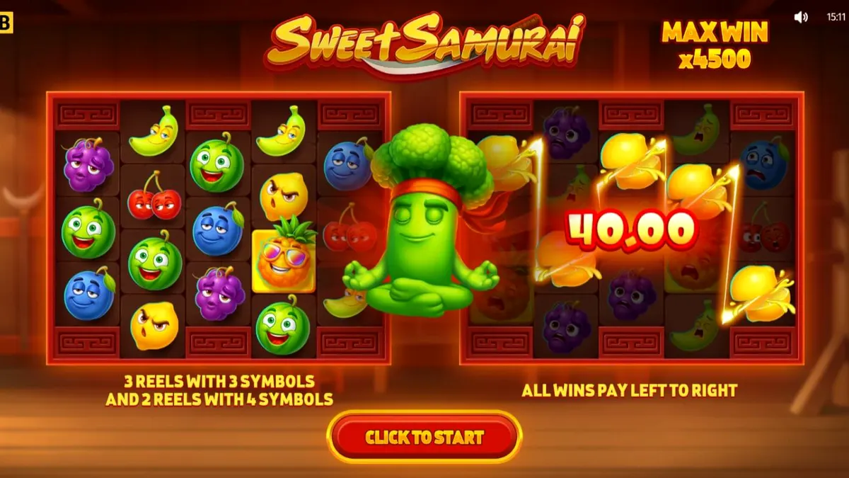 Broccoli Samurai berdiri di depan dojo dalam slot Sweet Samurai