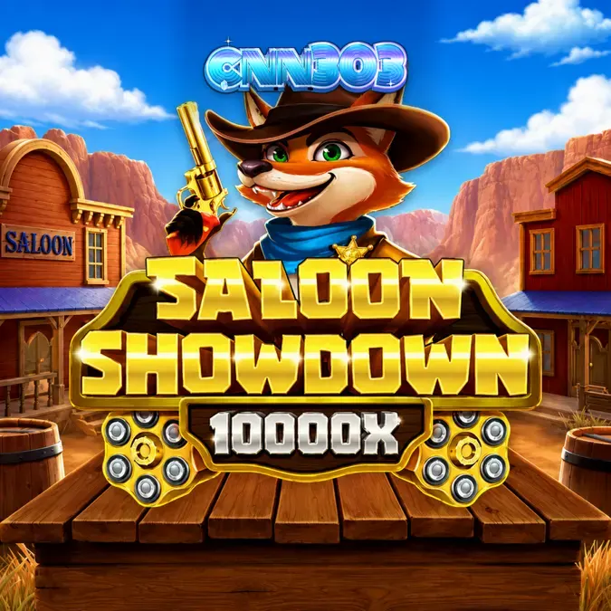 Tampilan visual slot Saloon Showdown 10,000x dengan tema saloon Wild West.
